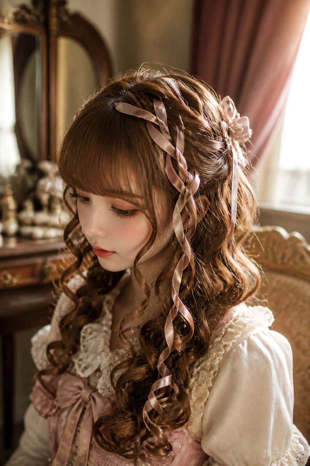 Close-up of hair woven with silk ribbons and curls in a sunlit bedroom