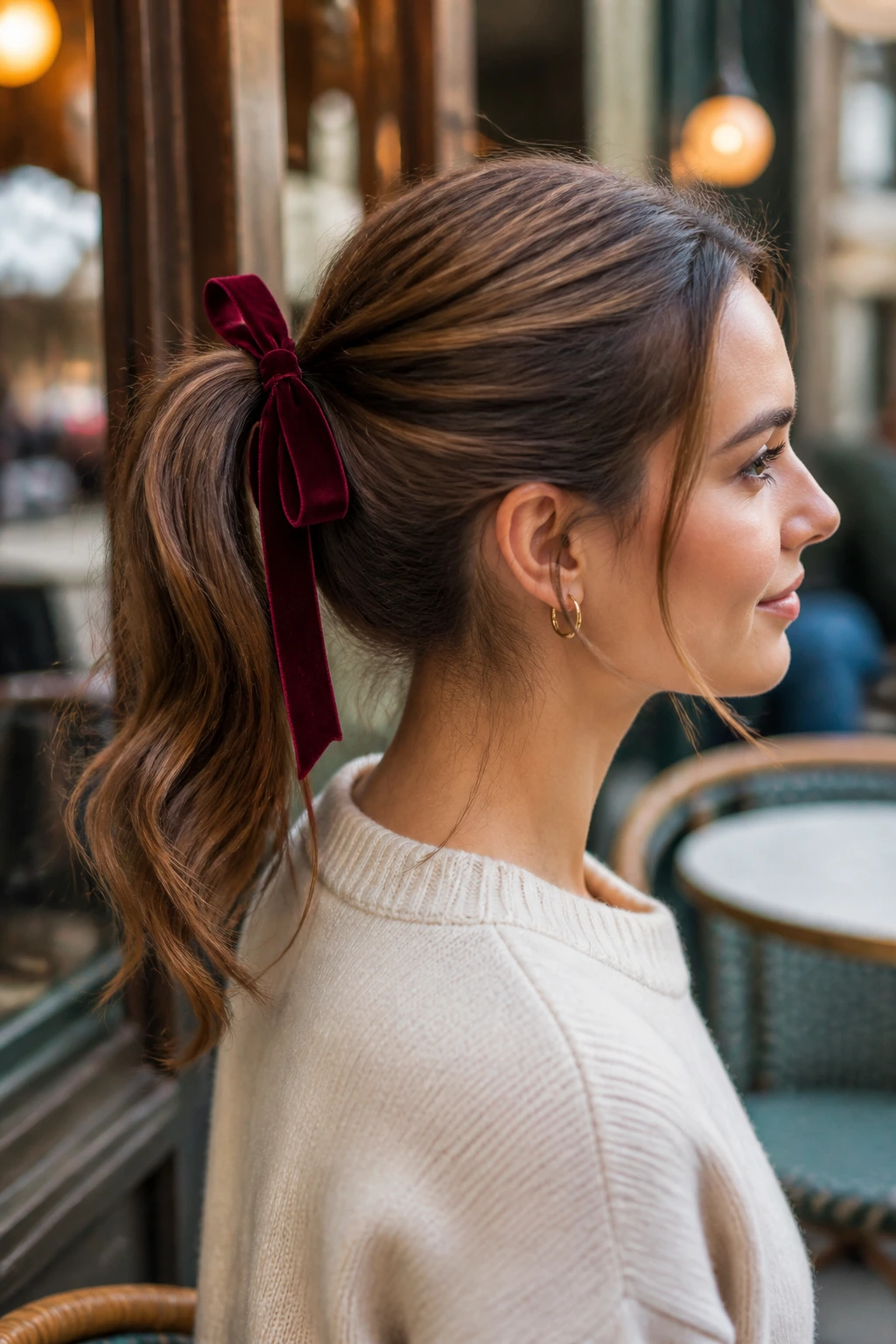 Close-up of a real woman with a velvet ribbon tied around a ponytail