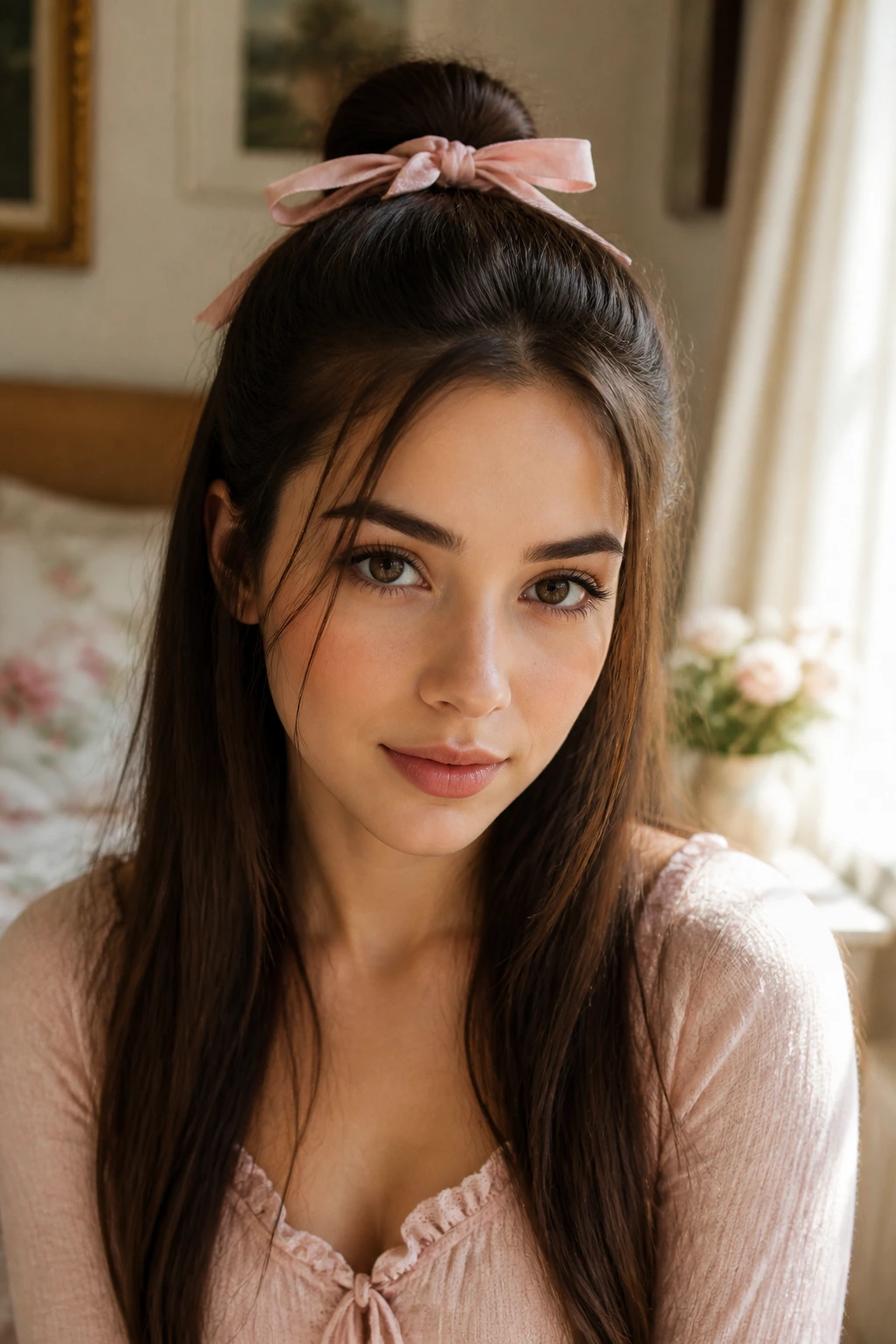Close-up of a real woman with Ribbon-Tied Half-Up Top Knot in warm window light