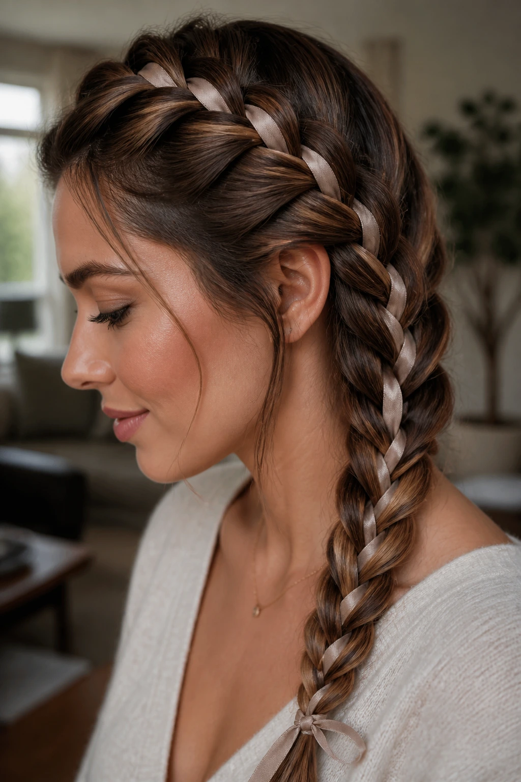 Close-up of a real woman's head showing a ribbon-woven inverted braid.