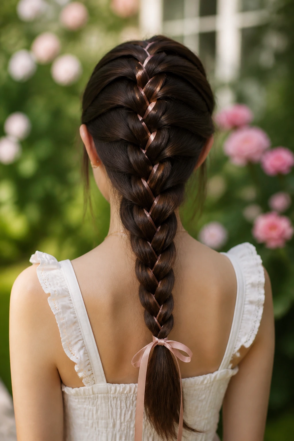 Back view of a real woman with a ribbon-woven Dutch braid down her back
