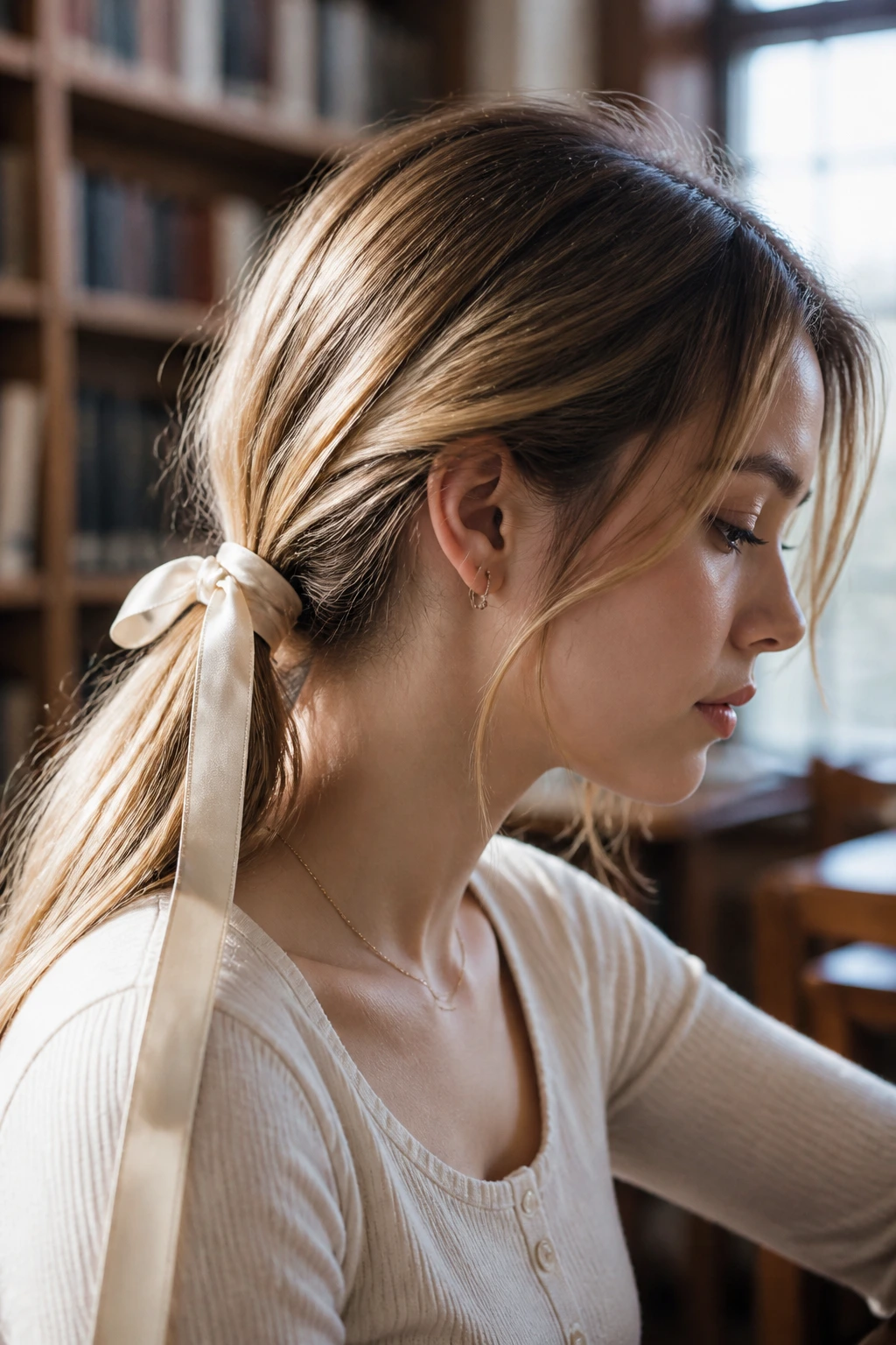 Close-up portrait with ribbon-wrapped low ponytail in a library light