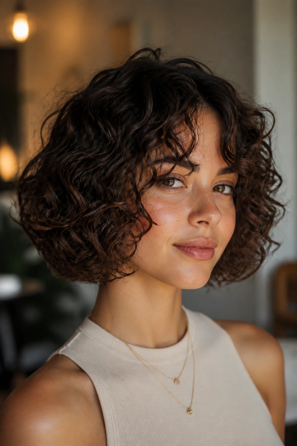 Close-up portrait showing ringlet-defining bob with sweeping curtain bangs