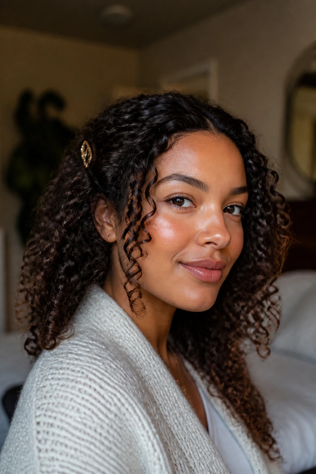 Close-up of a real woman with clipped-back ringlets and decorative clips framing her face