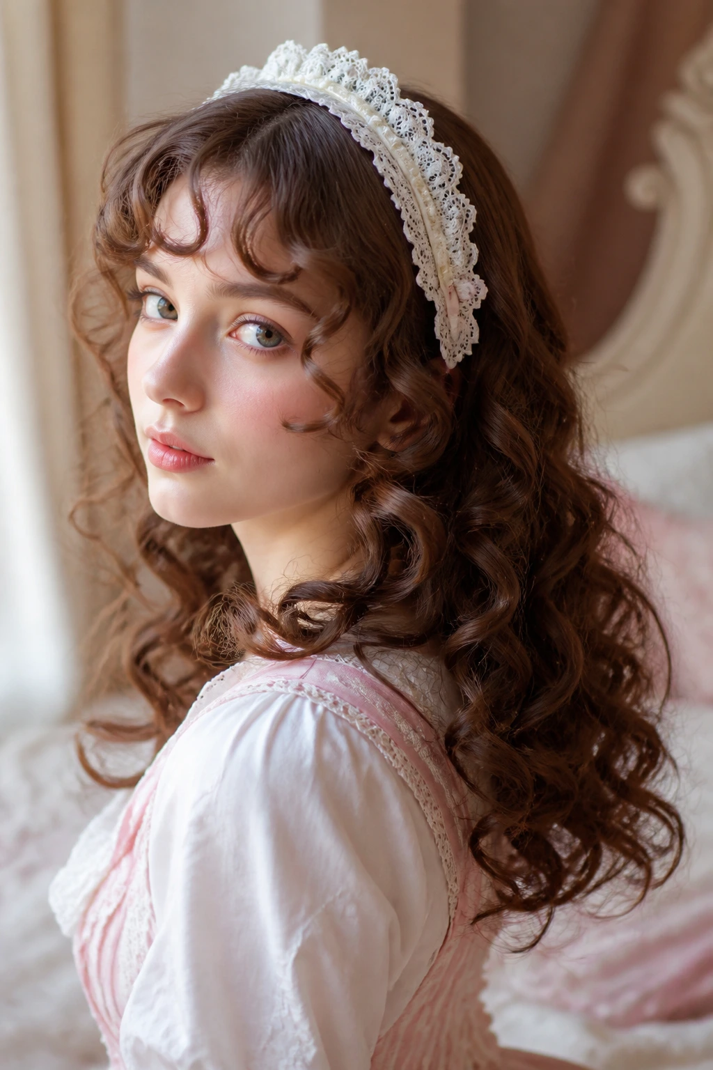 Close-up portrait of a real woman with soft ringlets and a lace headband