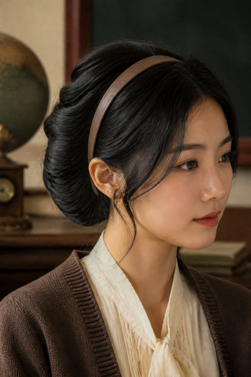 Close-up of a real woman with a headband-rolled hairstyle in a study setting