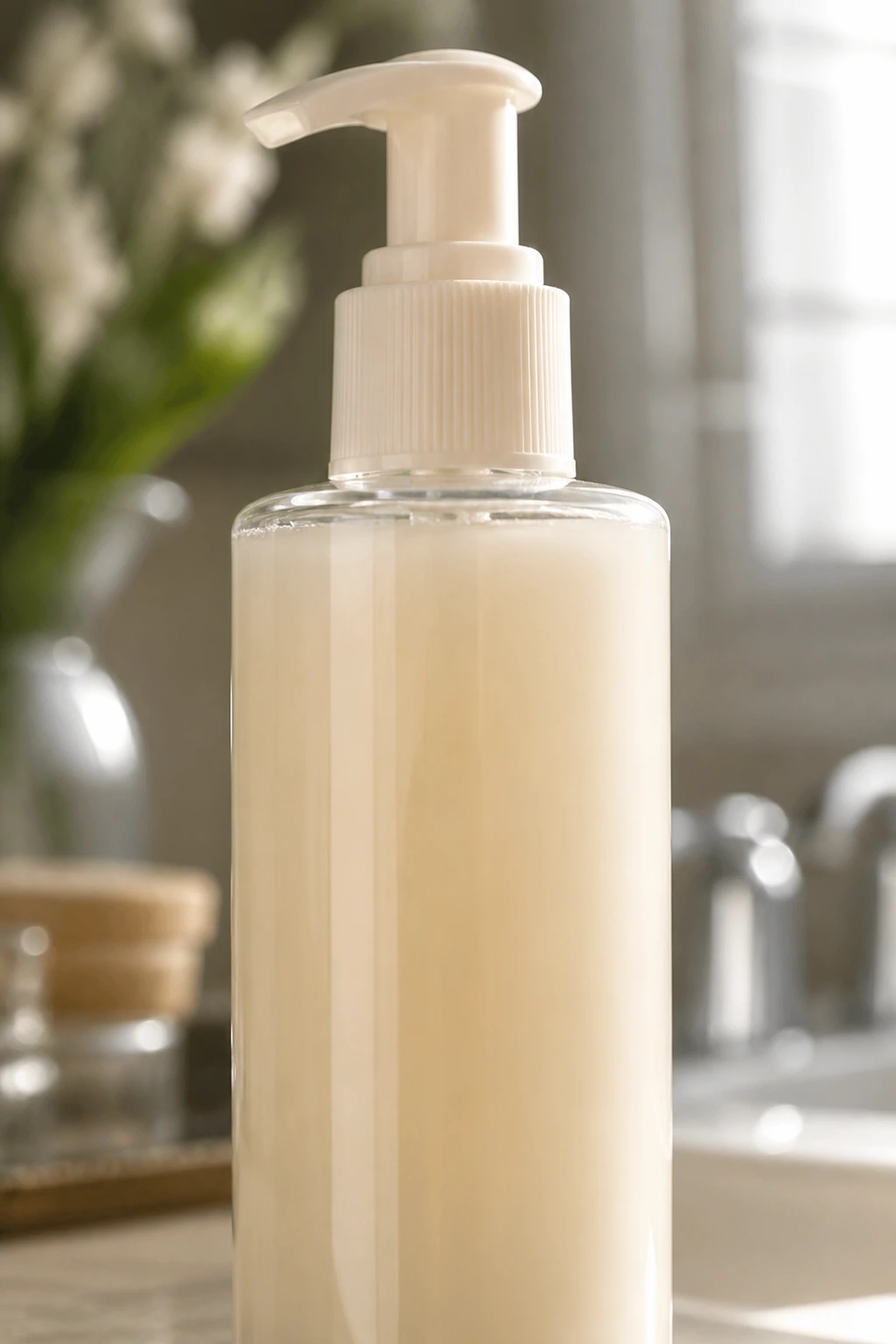 Close-up of volumizing root booster bottle on a bathroom counter