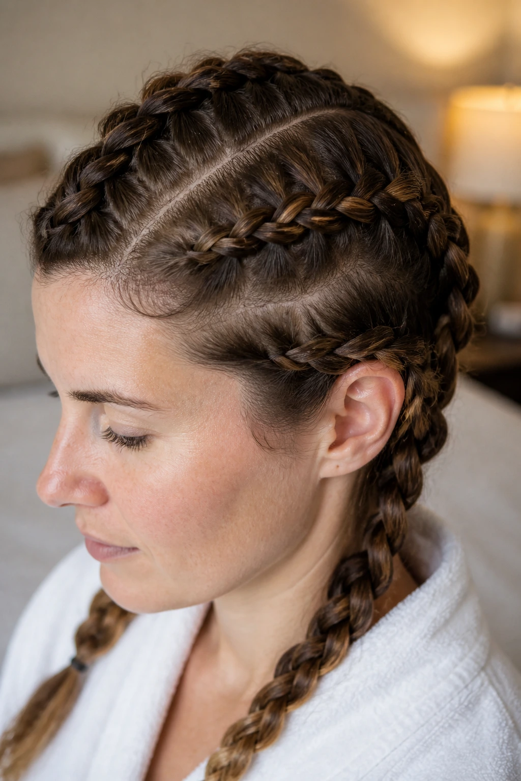 Close-up of a real woman with four loose damp braids creating volume.