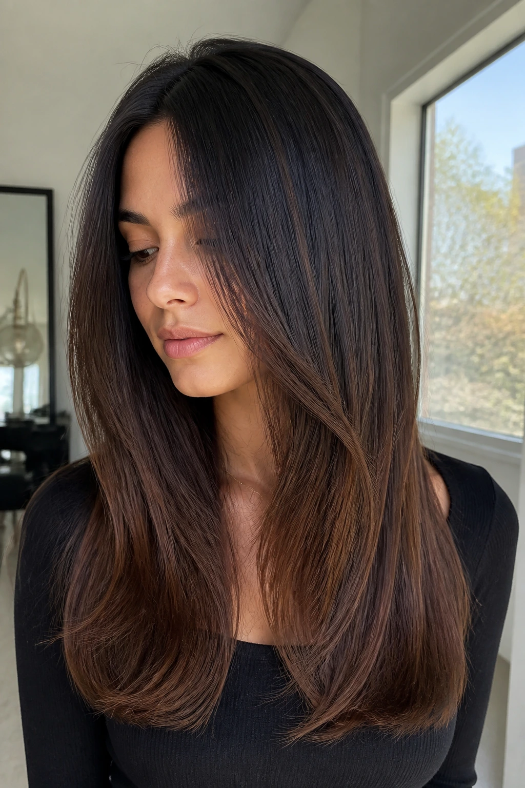 Close-up of a woman with a shadow-root melt into espresso-brown ends