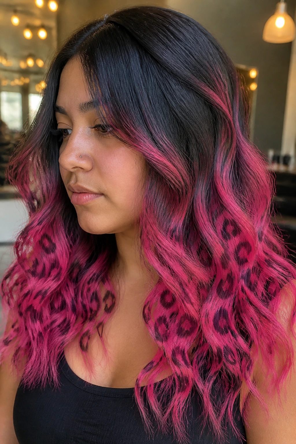 Real person with dark roots melting into pink and bottom leopard print