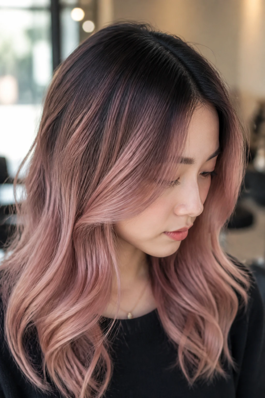 Close-up portrait of real person showing root-melt blending in rose wine hair