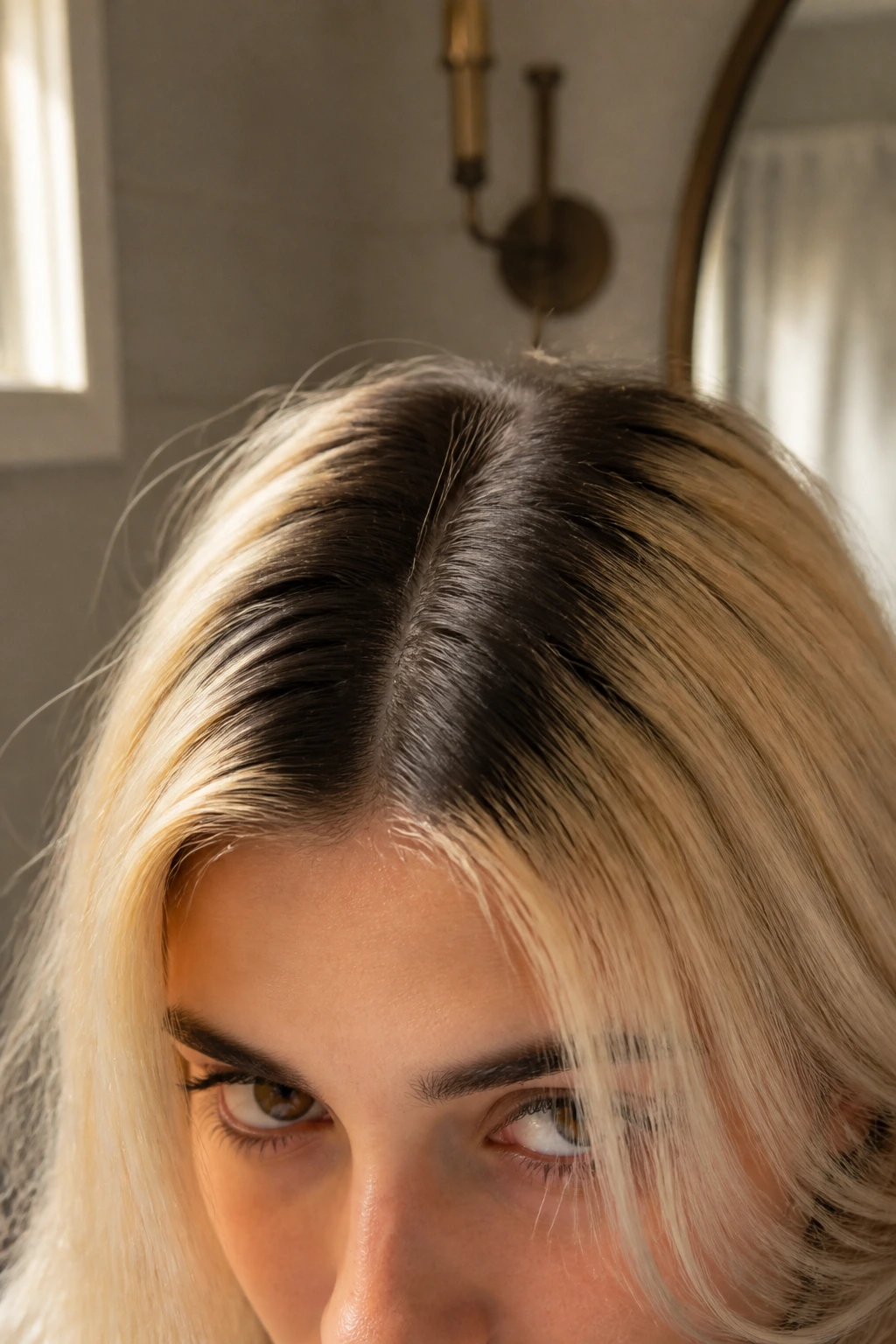 Close-up of a woman with bold root regrowth along the center part in blonde hair