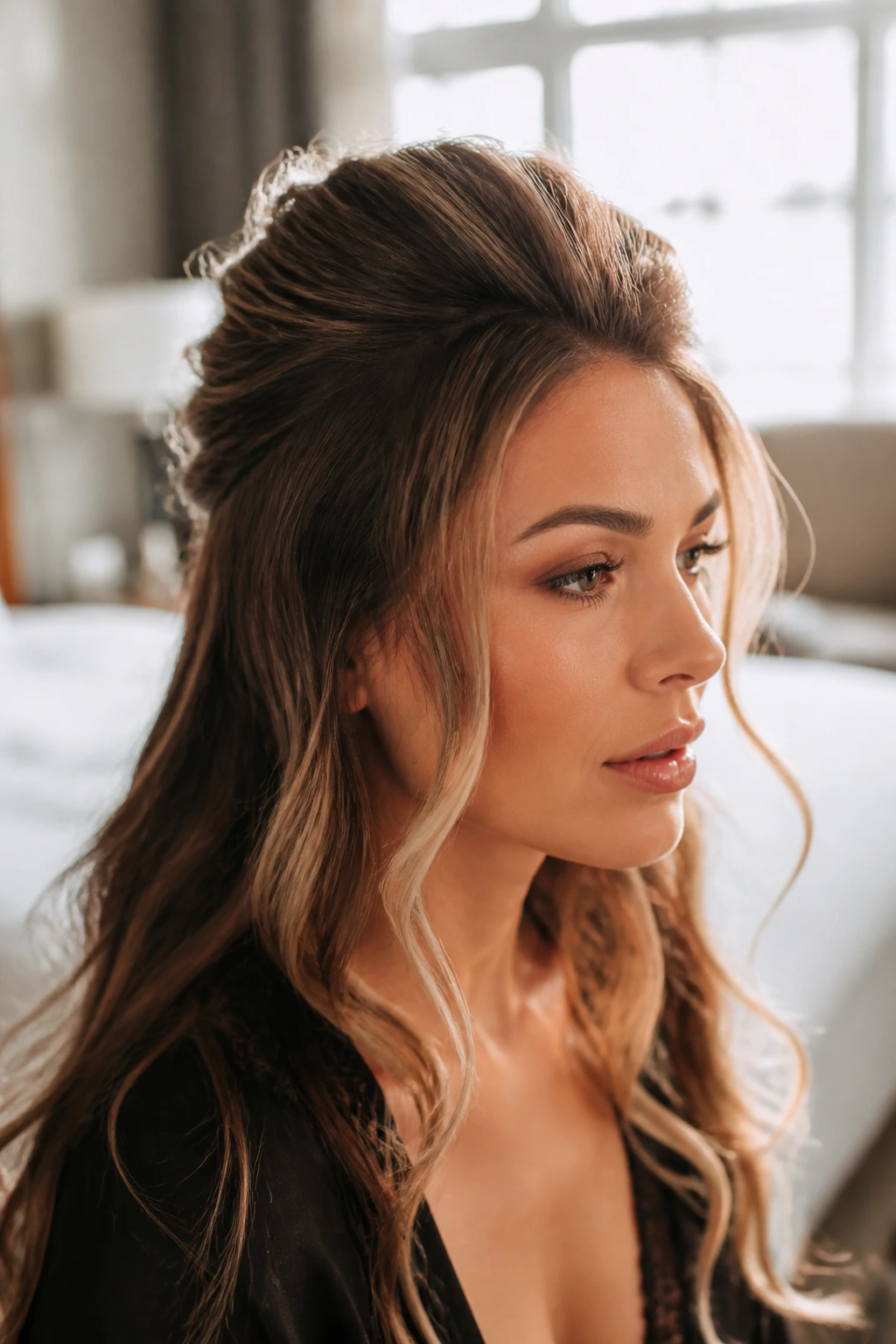 Close-up of real woman with voluminous crown and lifted roots