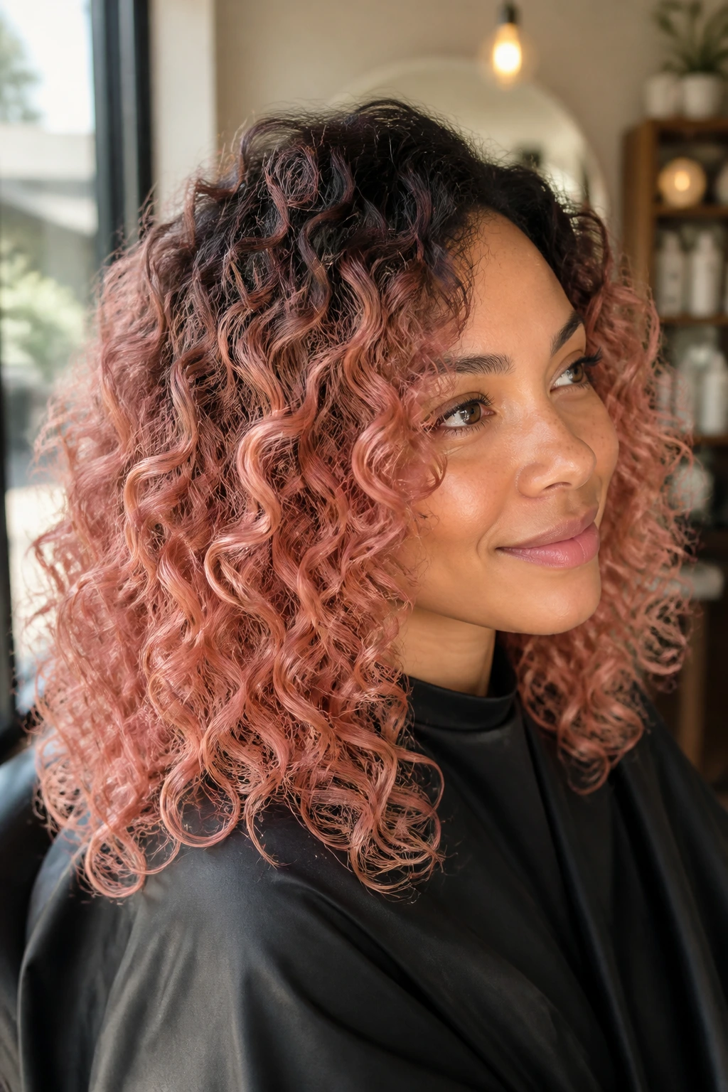 Close-up of real person with rooted rose gold ringlets and dark roots