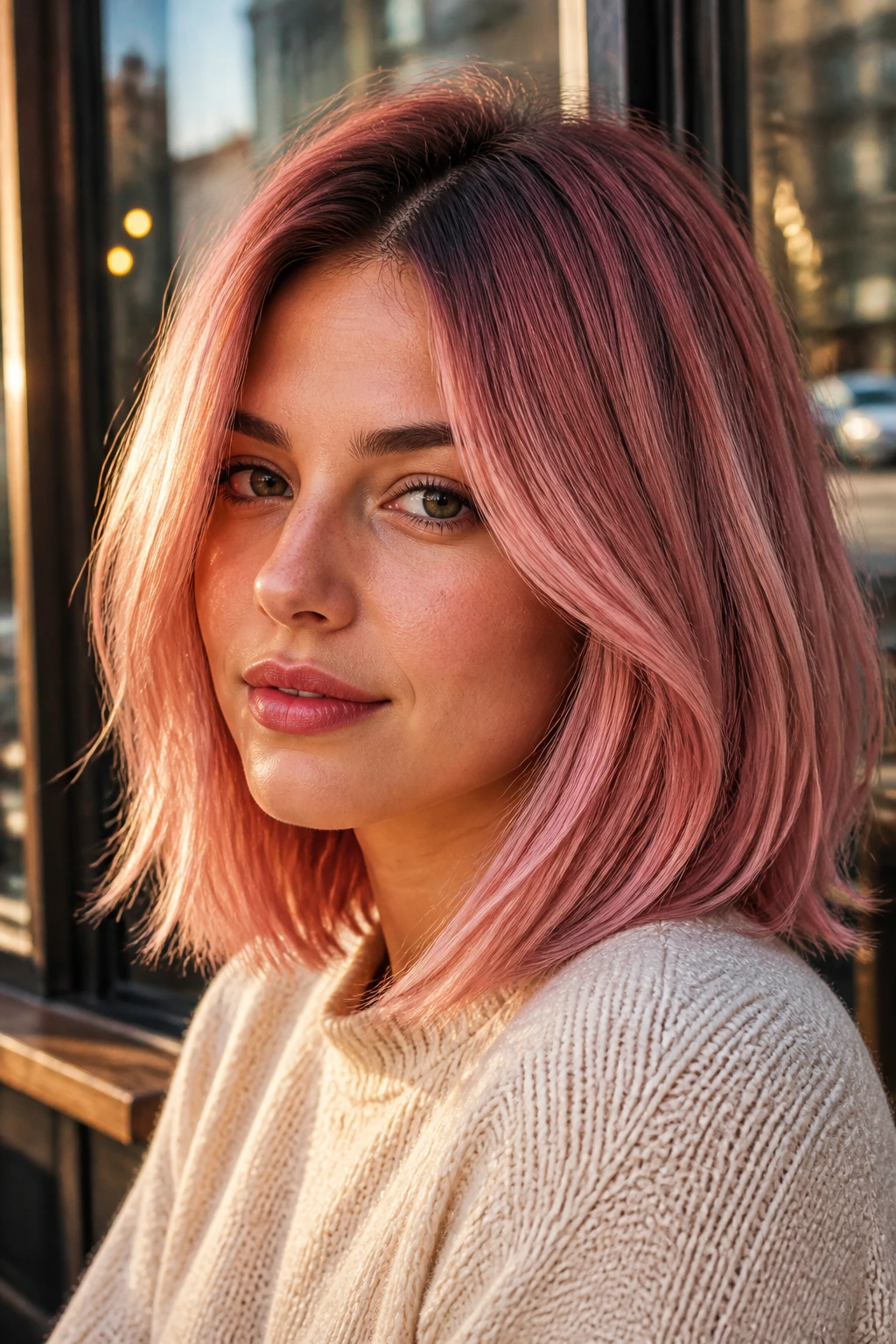 Real person with rooted strawberry pink long bob in natural light