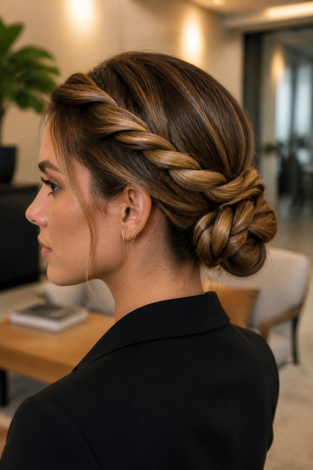 Close-up of real woman with rope braid bun in an office lounge setting