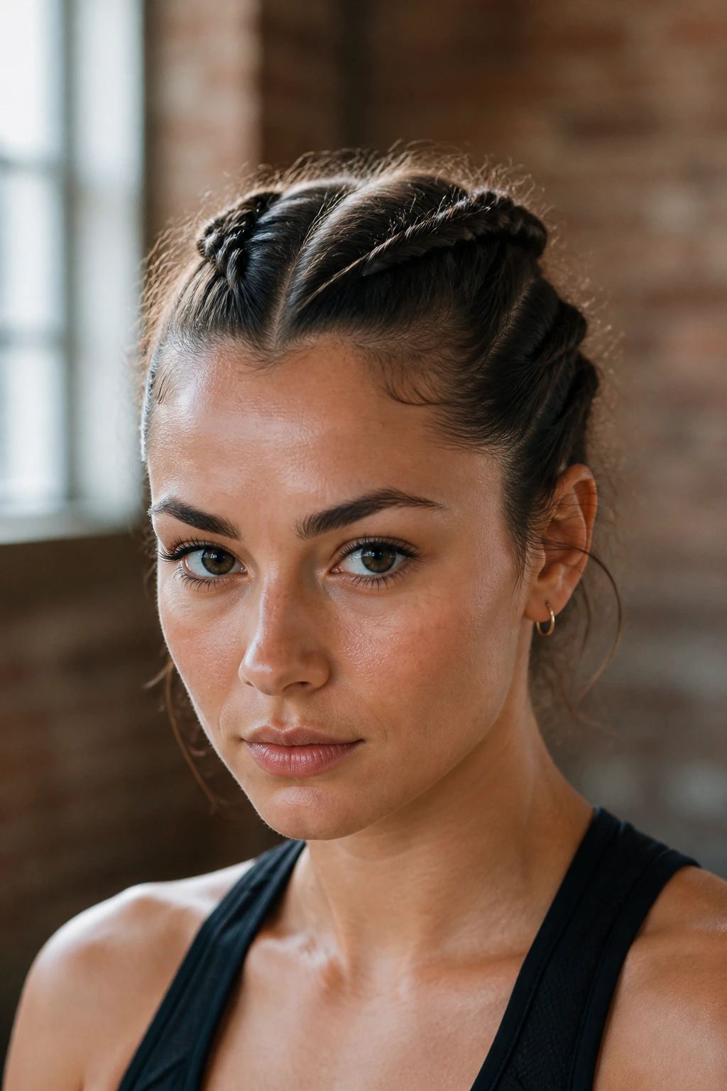 Close-up of a real woman with center-part rope braids in an urban light-filled space