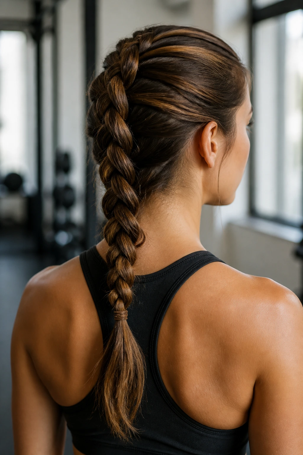 Rear portrait of a real woman with a wrapped rope braid at the back