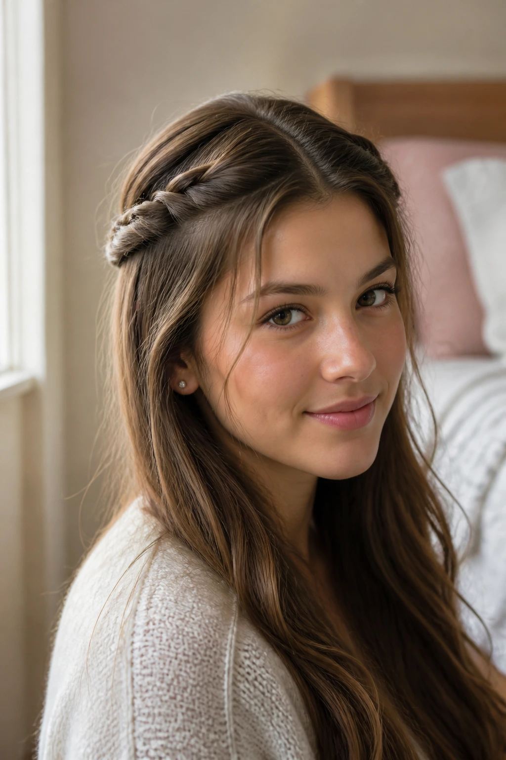 Close-up of a real person with a rope braid half-up style pinned at the crown