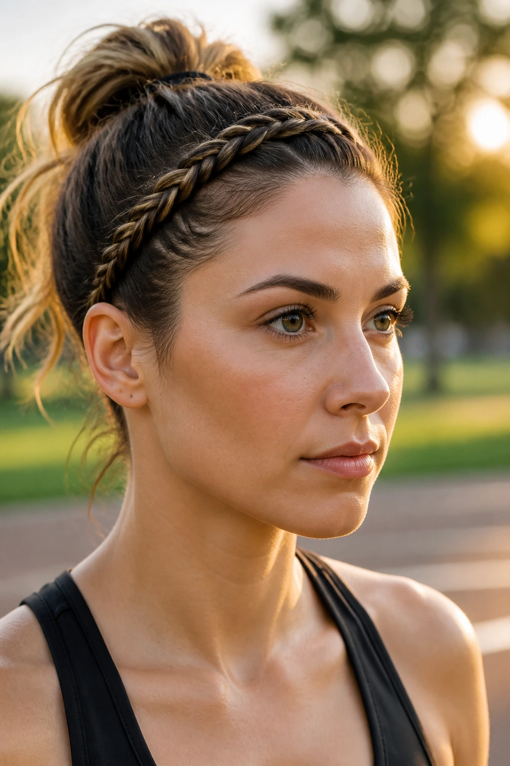 Close-up of a real woman with a rope braid headband along the hairline