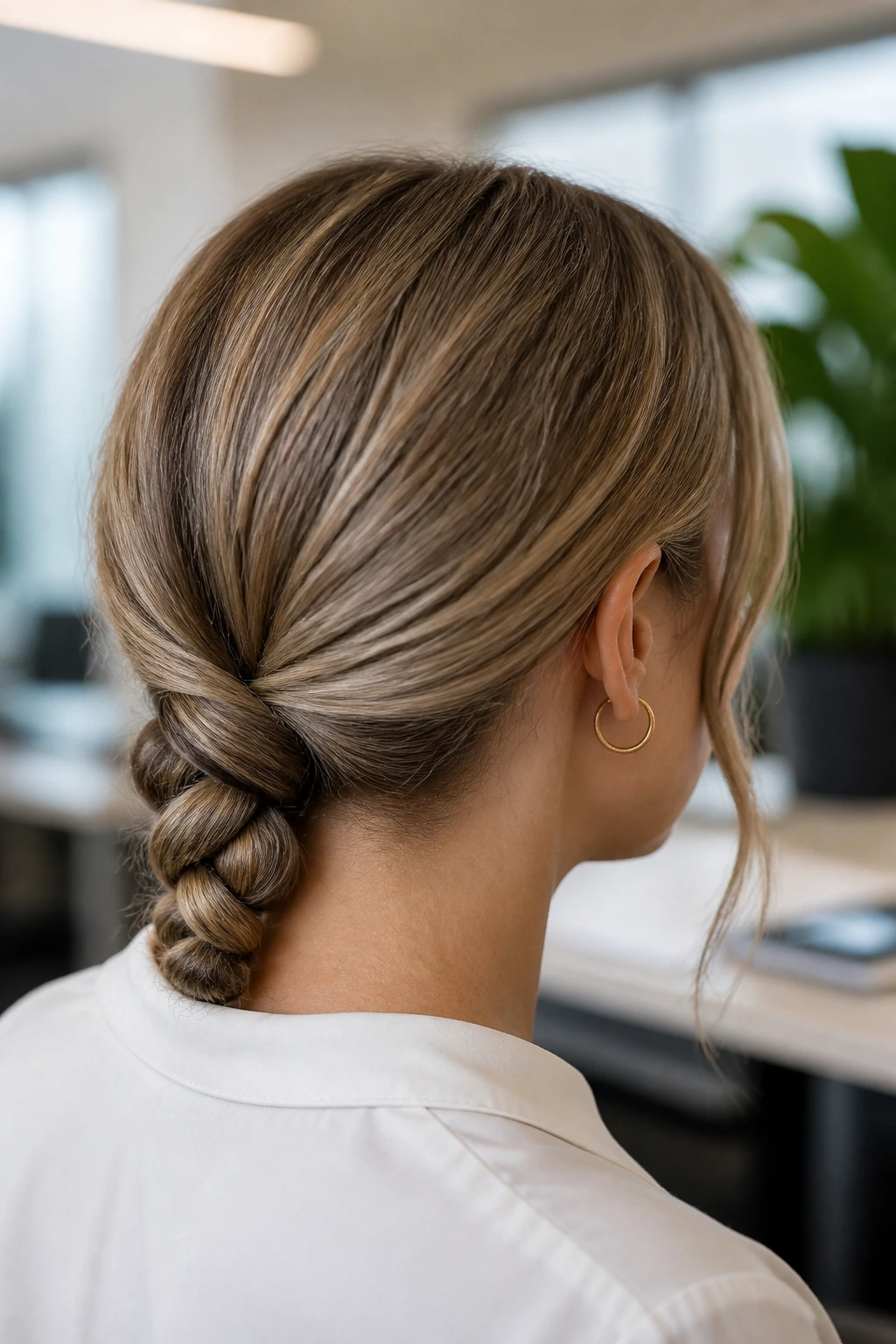 Close-up of a real woman with a low rope braid at the nape in an office setting