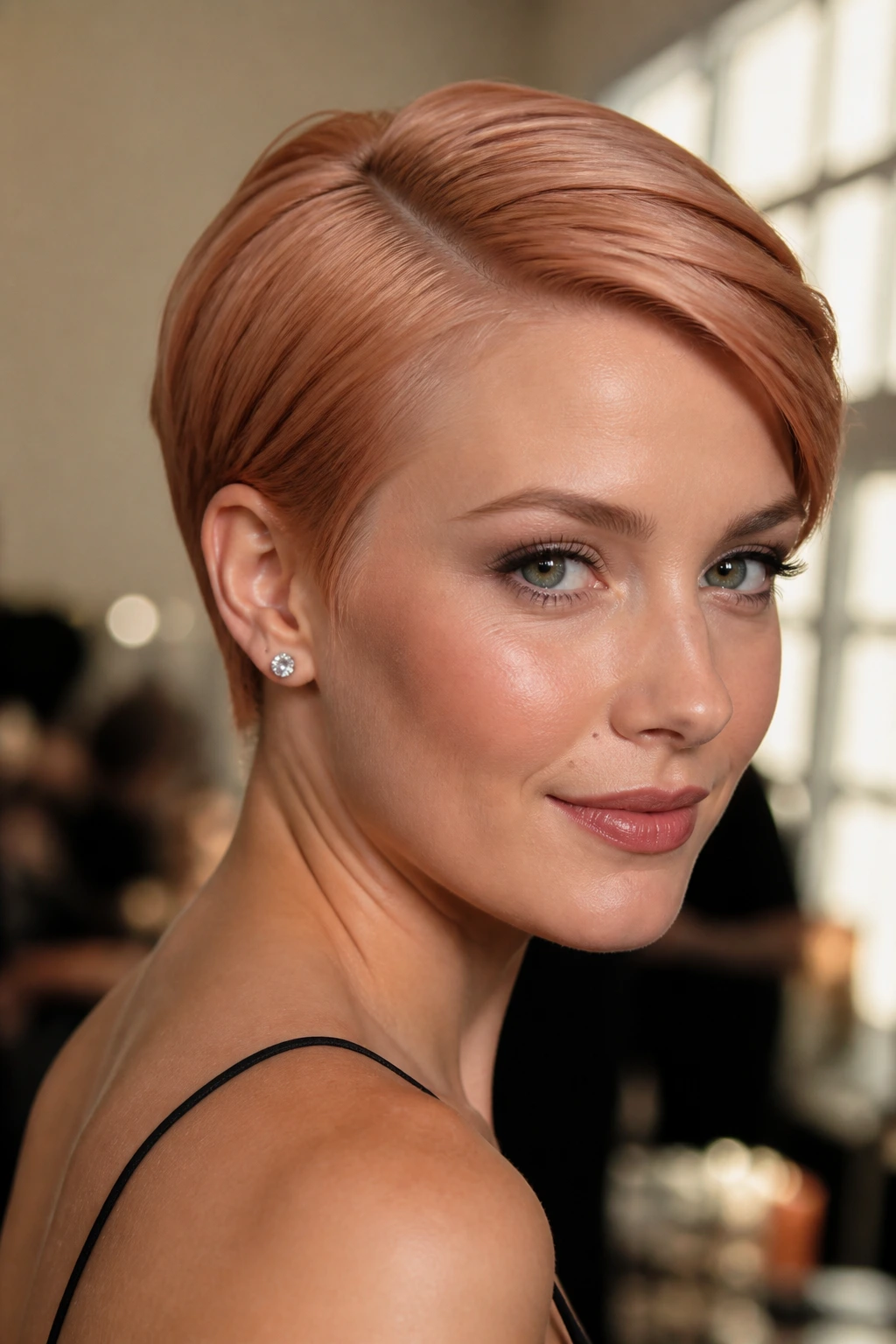 Close-up of a real woman with a sleek side-parted pixie in rose-copper