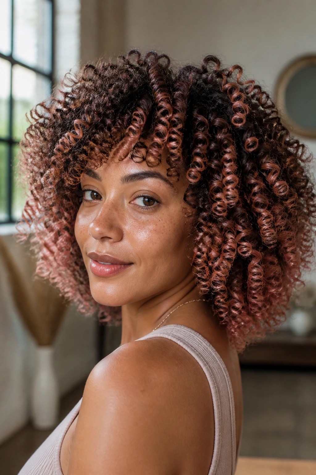 Close-up of tight coils with soft rose gold balayage along the curls