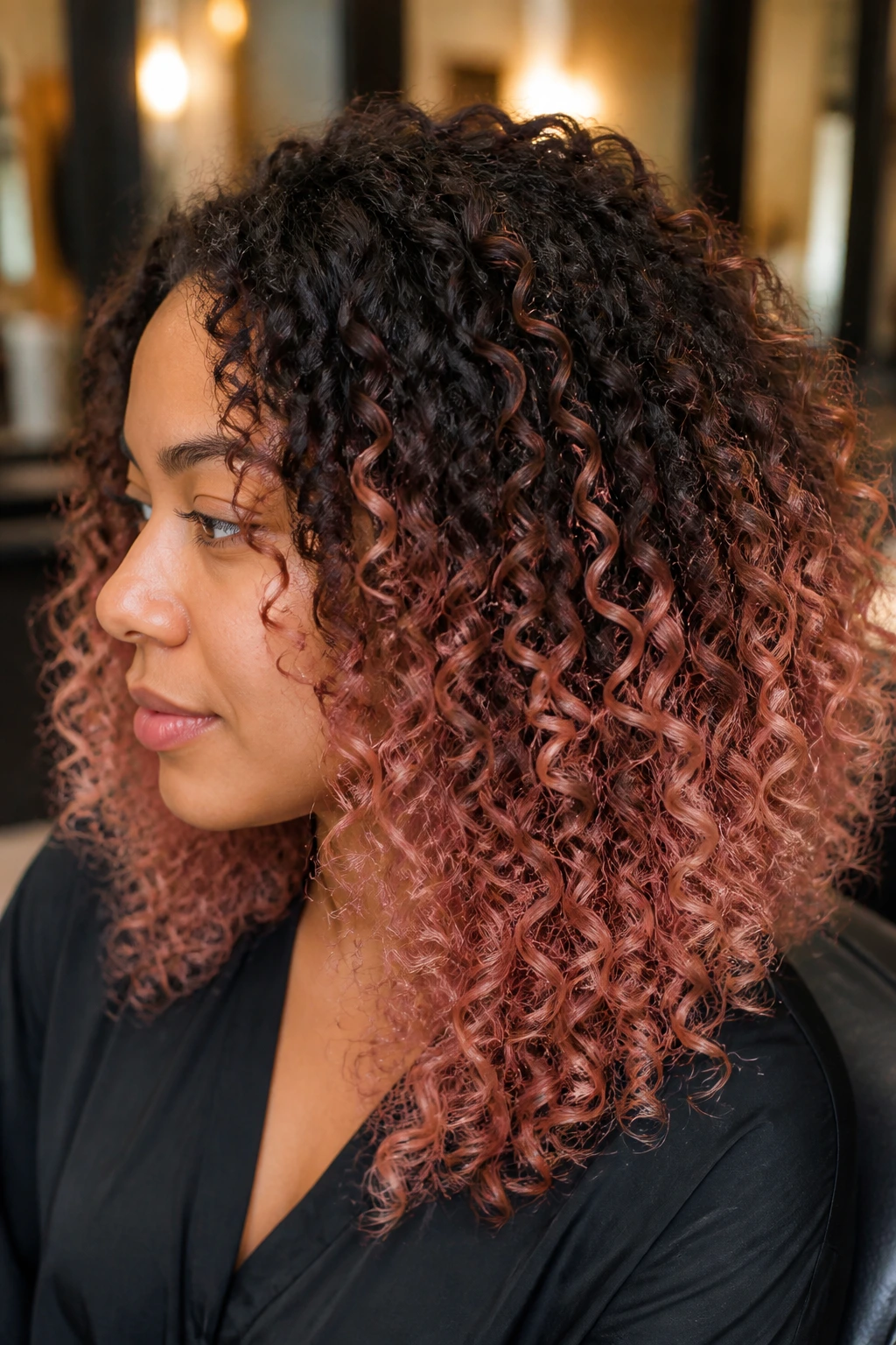 Close-up portrait of a real woman with dark brown tight curls and rose gold balayage