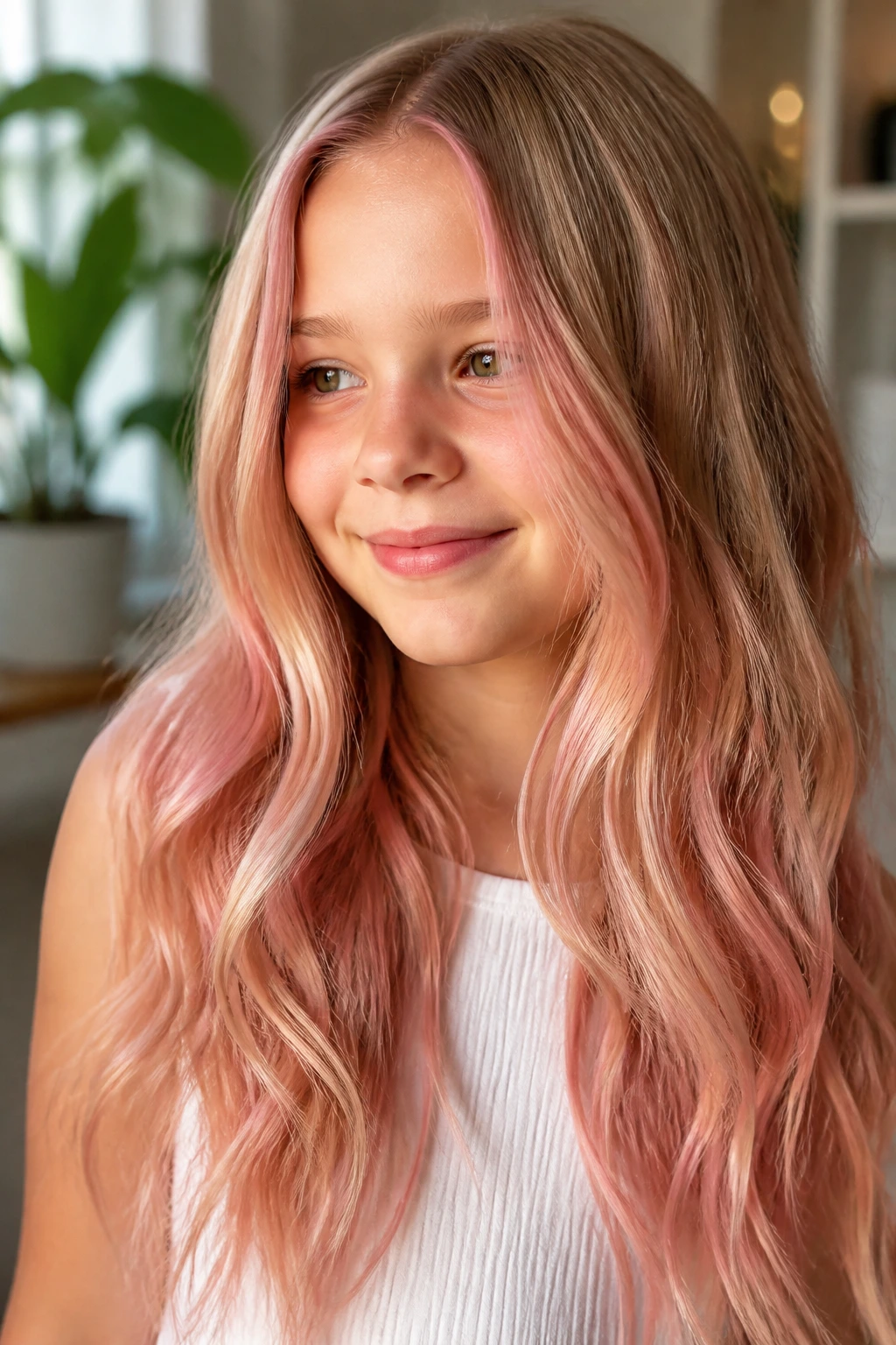 Close-up of a child with rosé gold balayage on light hair under warm window light