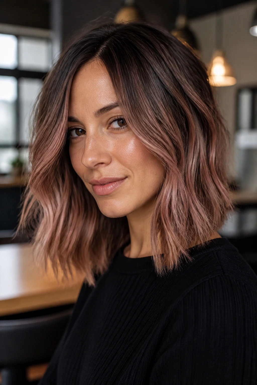 Portrait of a real woman with rose gold balayage on dark brown lob