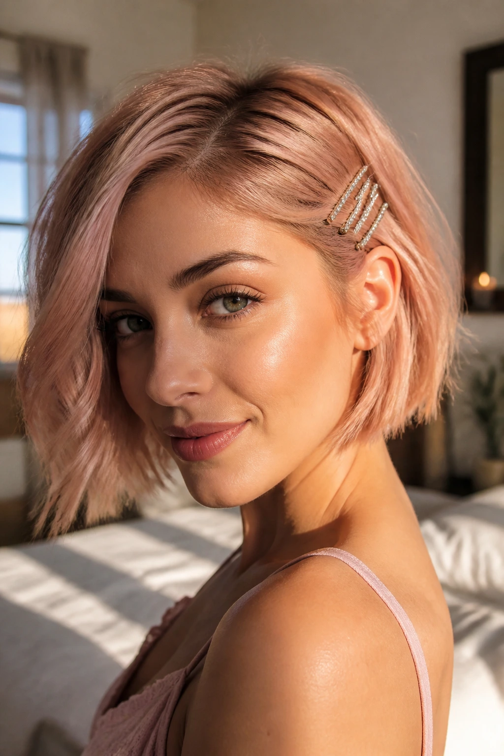 Close-up of a soft rose gold bob with crystal pins on a real woman