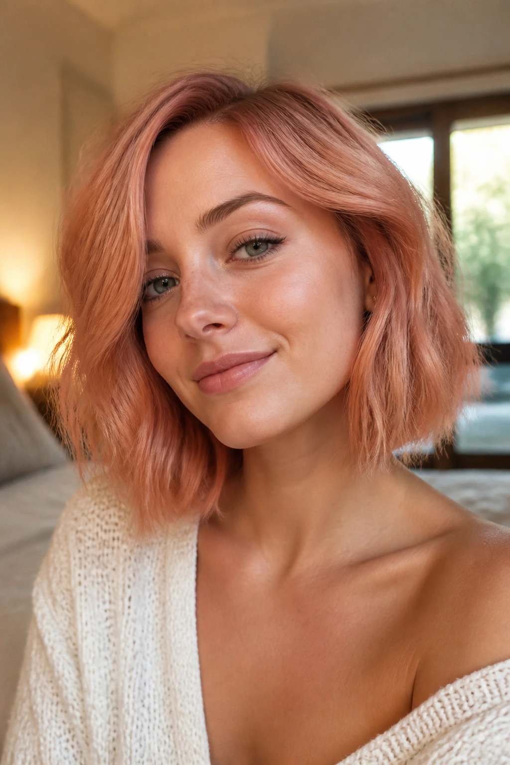 Close-up of a real woman with a soft rose gold bob in natural light