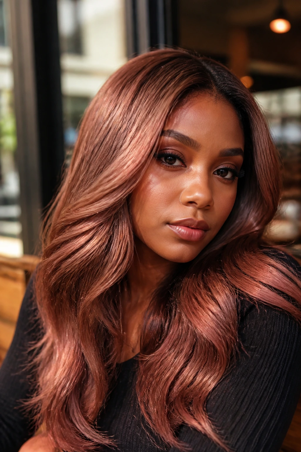 Rose Gold Chocolate hair on a real person with pink-rose metallic sheen in a close-up portrait.