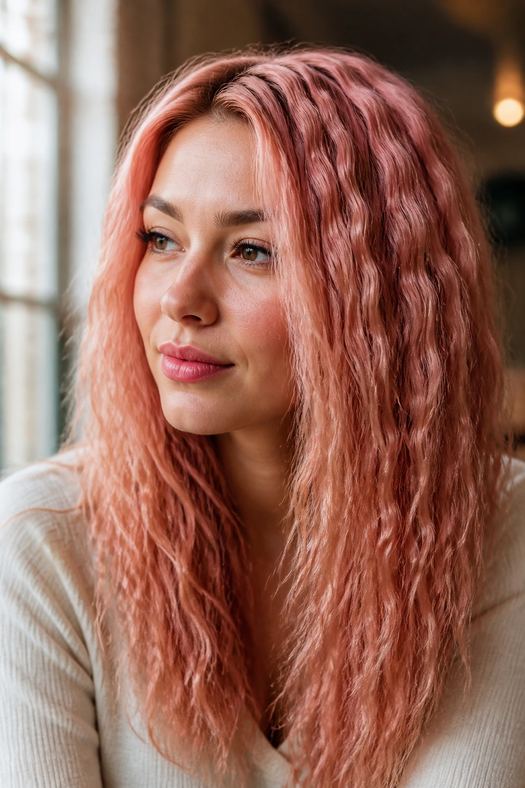 Real woman with rose-gold crimped hair texture