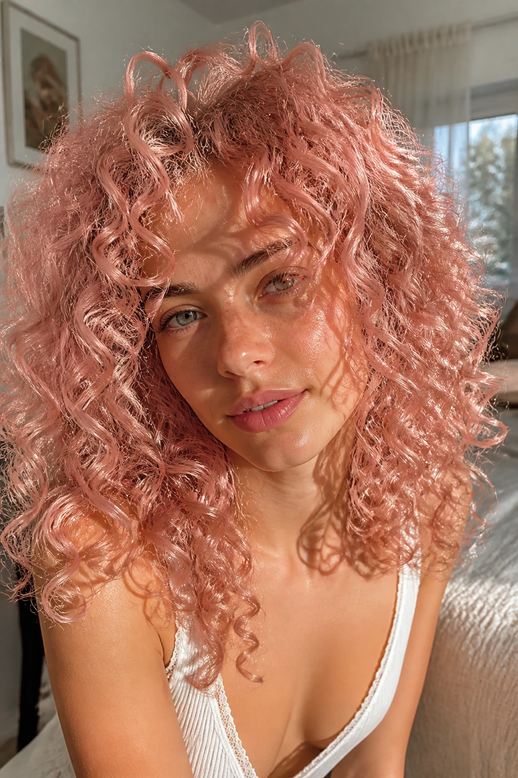 Close-up of fine curls in soft rose gold