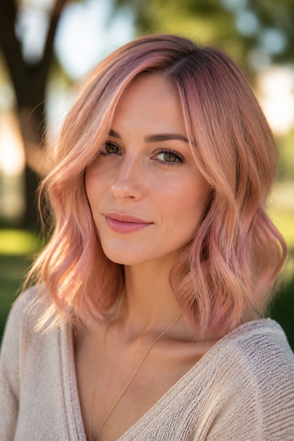 Close-up of a real woman with rose-gold hair in pinkish-golden tones