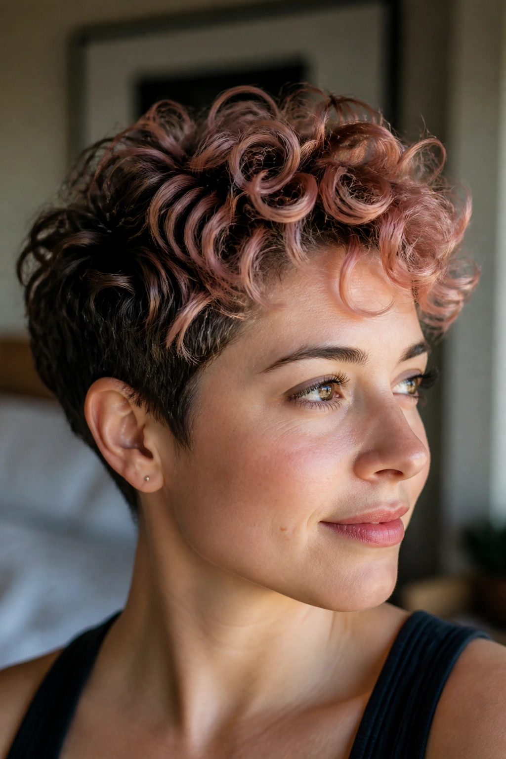 Close-up of a short curly pixie with rose gold tips