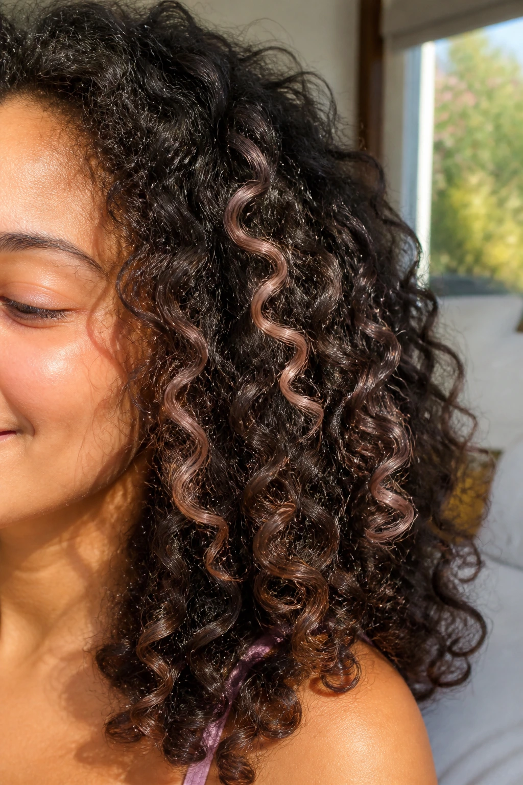 Close-up of textured curls with a subtle rose gold dusting