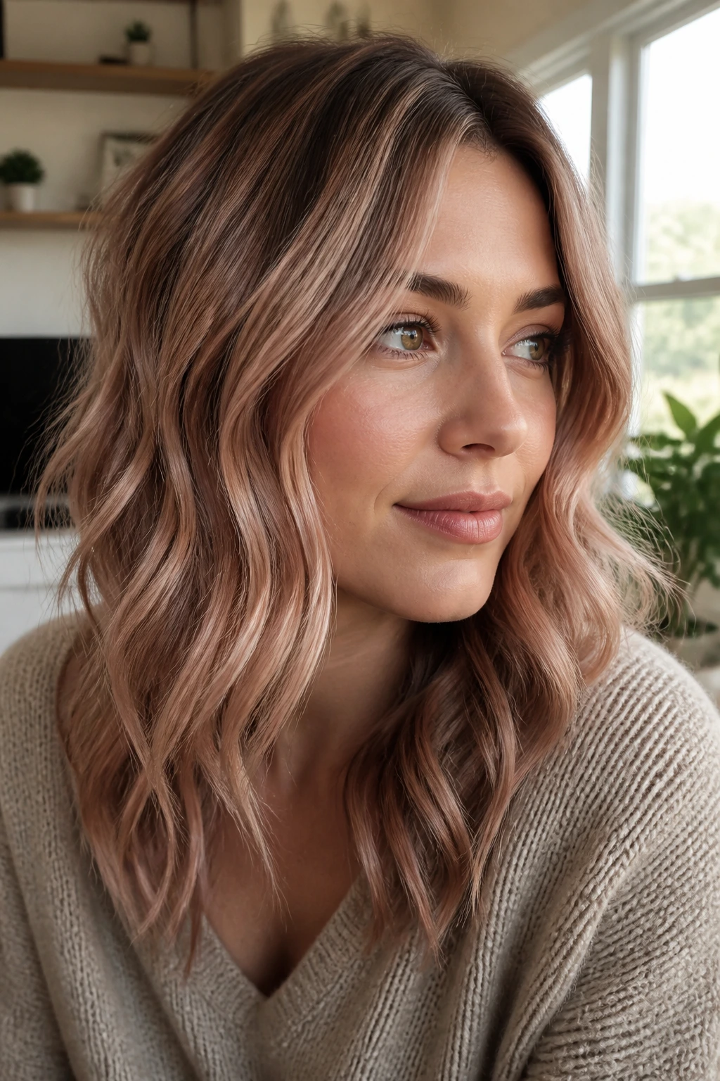 Portrait of a woman with light brown hair and rose gold frosting highlights in loose waves