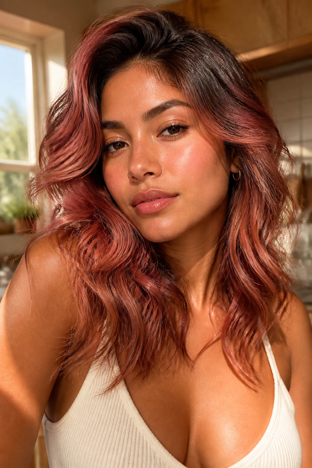 Close-up of a real person with rose-gold fusion on a dark copper base hair color