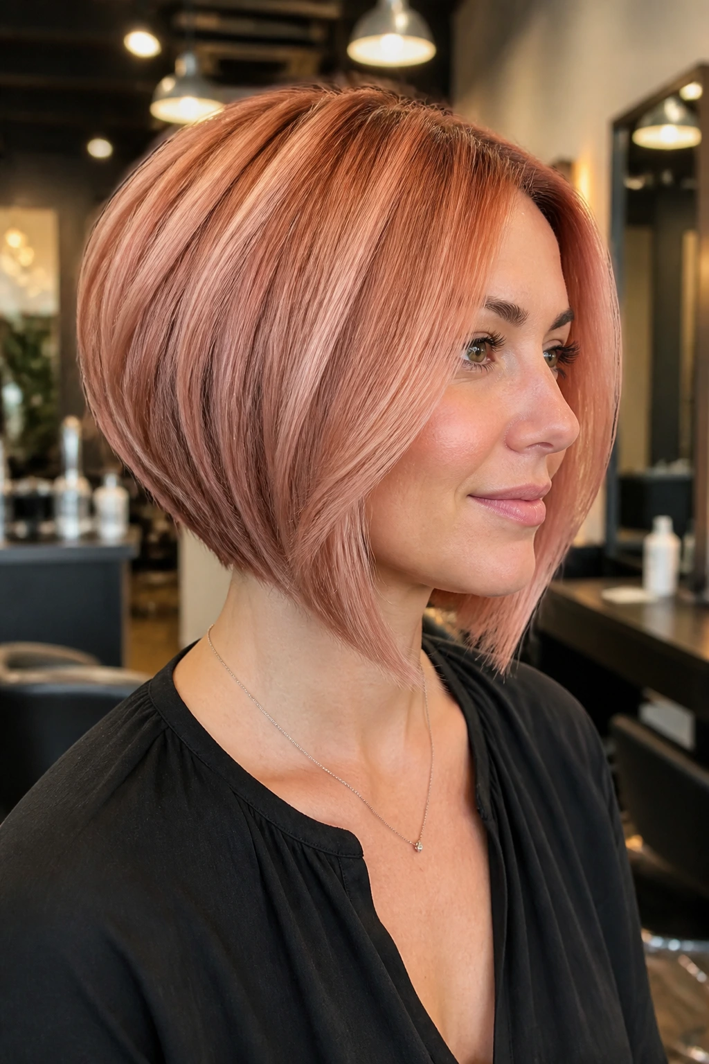 Profile view of a real person with a rose gold graduated bob and glossy metallic finish.