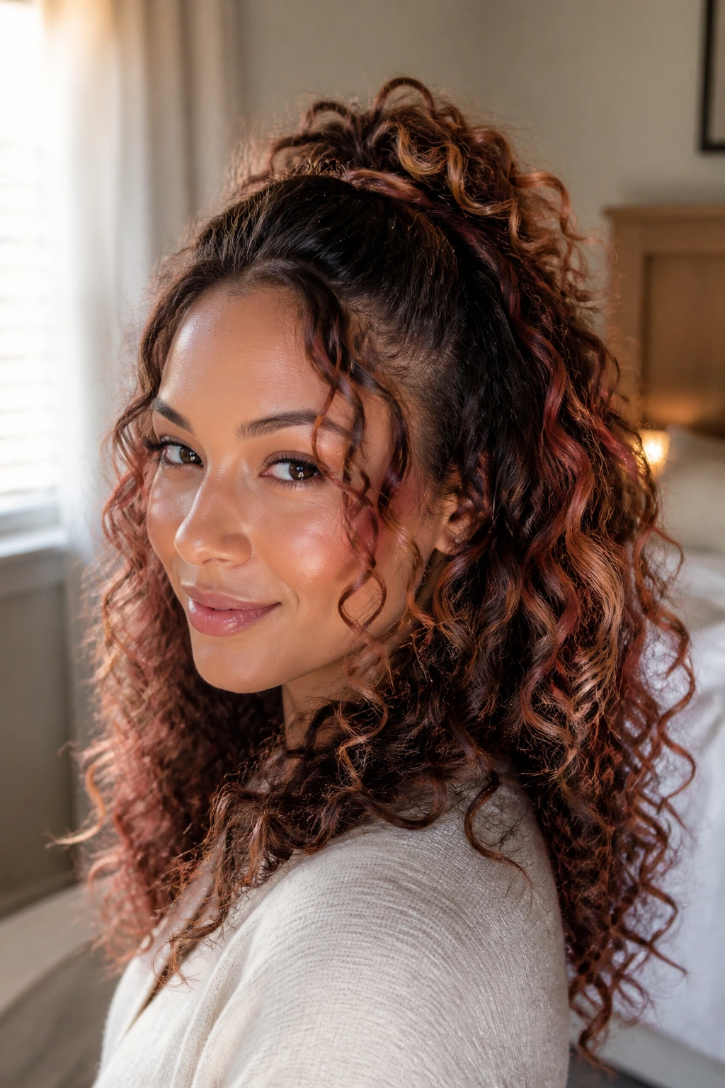 Close-up portrait of a real woman with rose gold highlights in curly half-up, half-down hairstyle