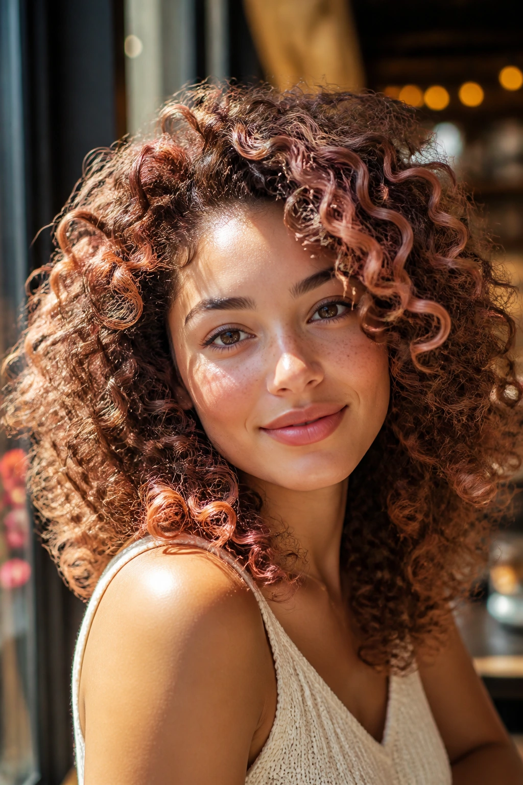 Portrait of woman with rose-gold halo highlights at crown of curls