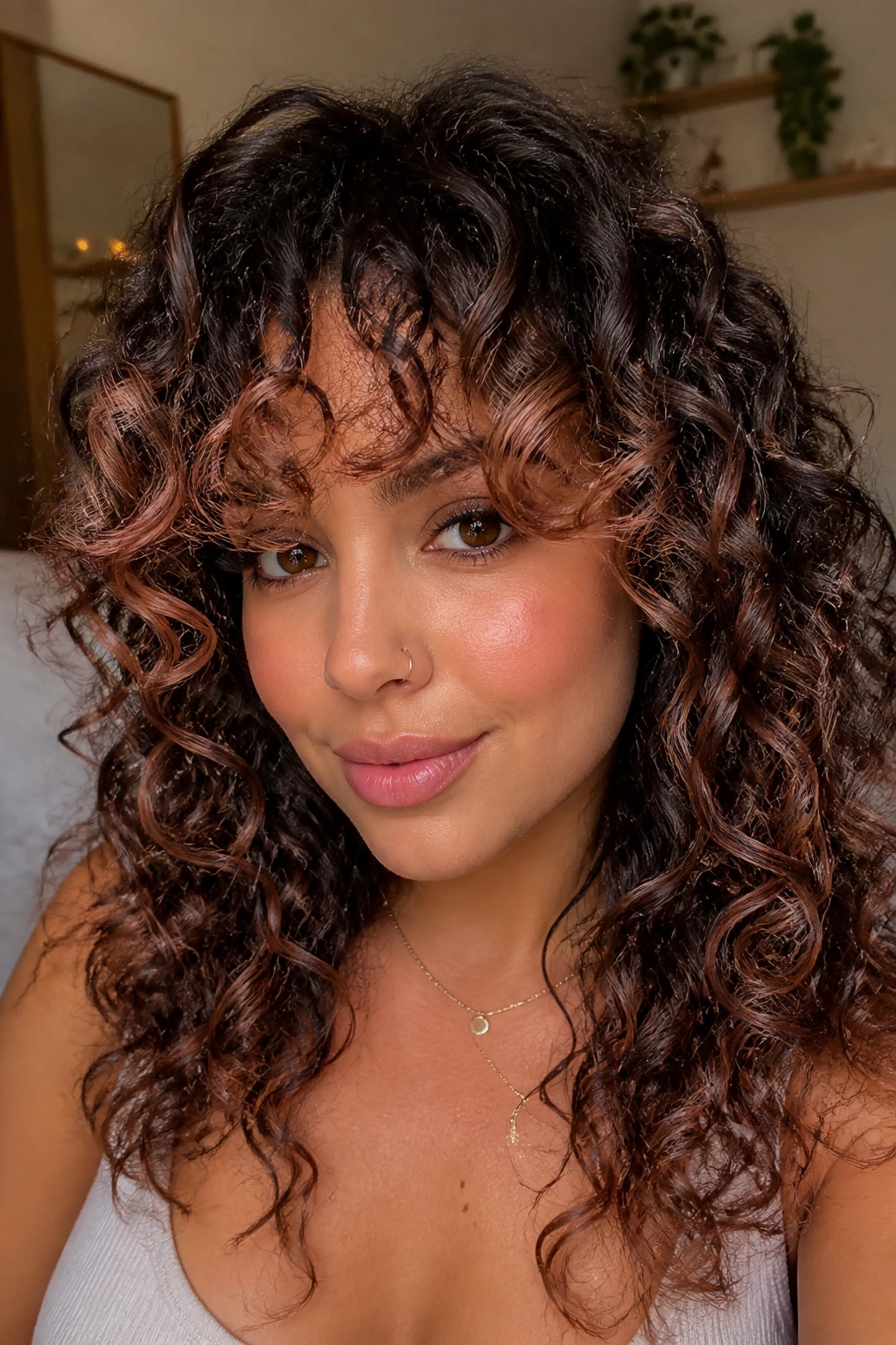 Close-up of a woman with curly bangs and rose gold highlights