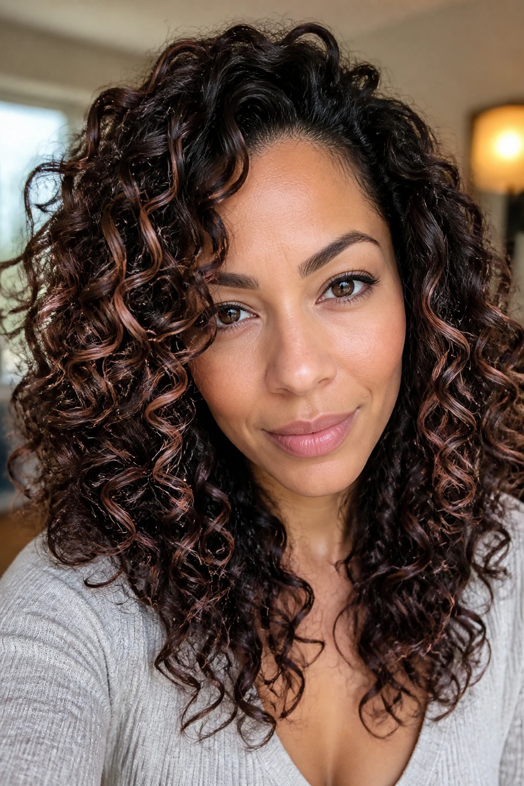 Close-up of deep espresso curls with subtle rose gold highlights framing the face