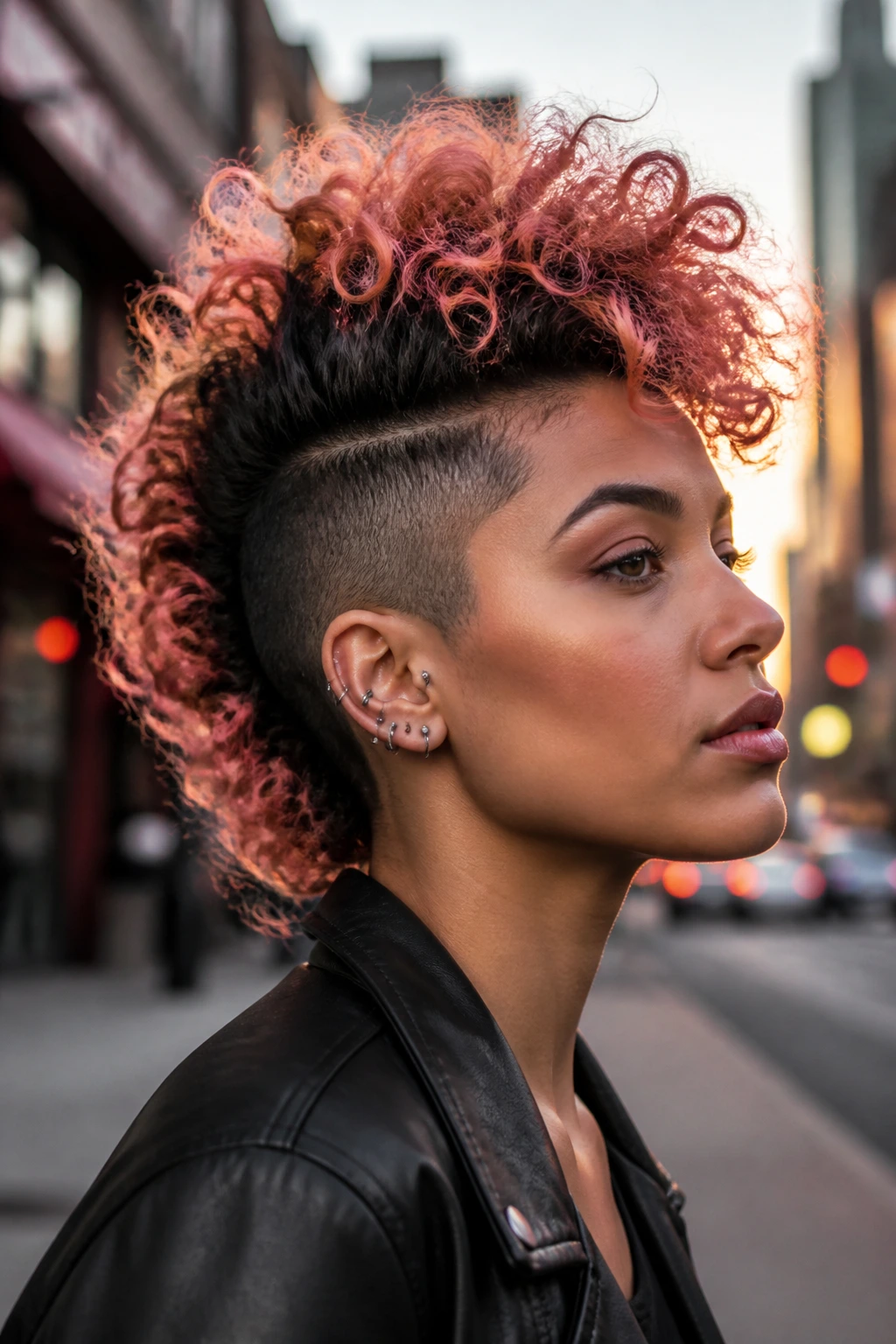 Portrait of a person with curly mohawk and rose gold highlights on top