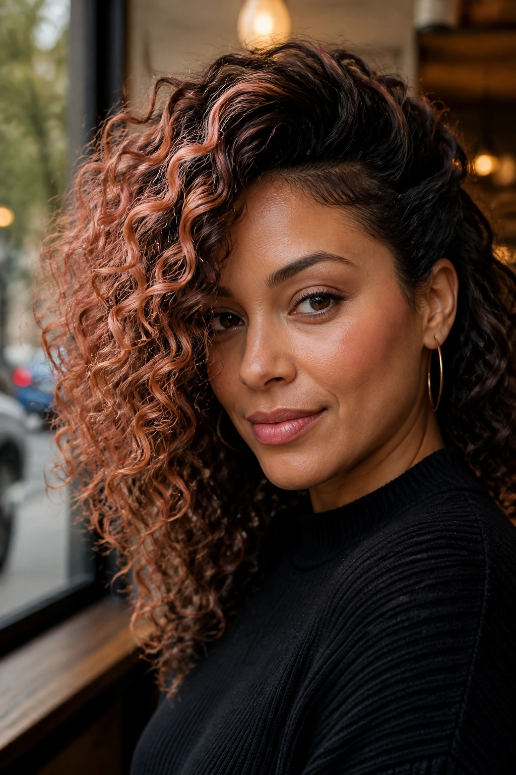 Close-up of a woman with a deep side part and rose gold highlights