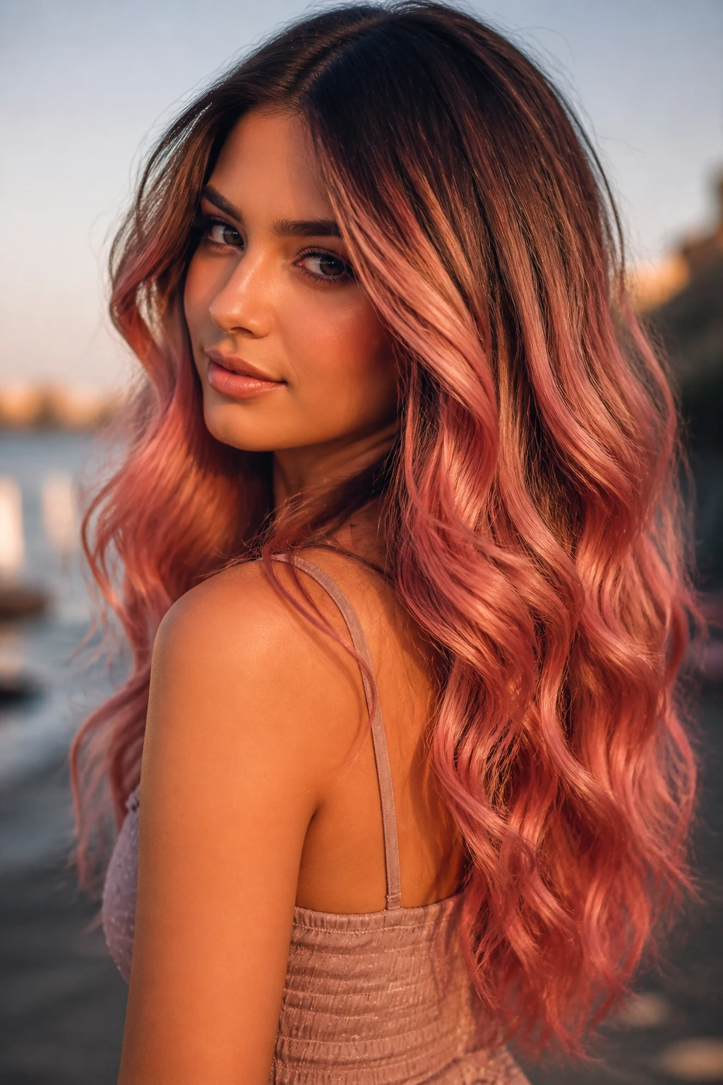 Long loose waves with rose gold ombré from roots to tips