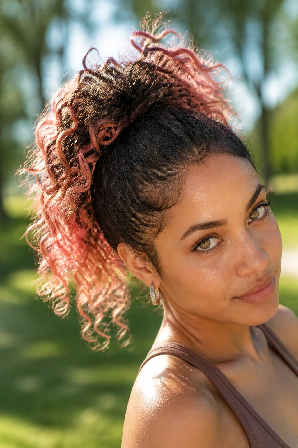 Close-up of a woman with a high ponytail featuring rose gold tips