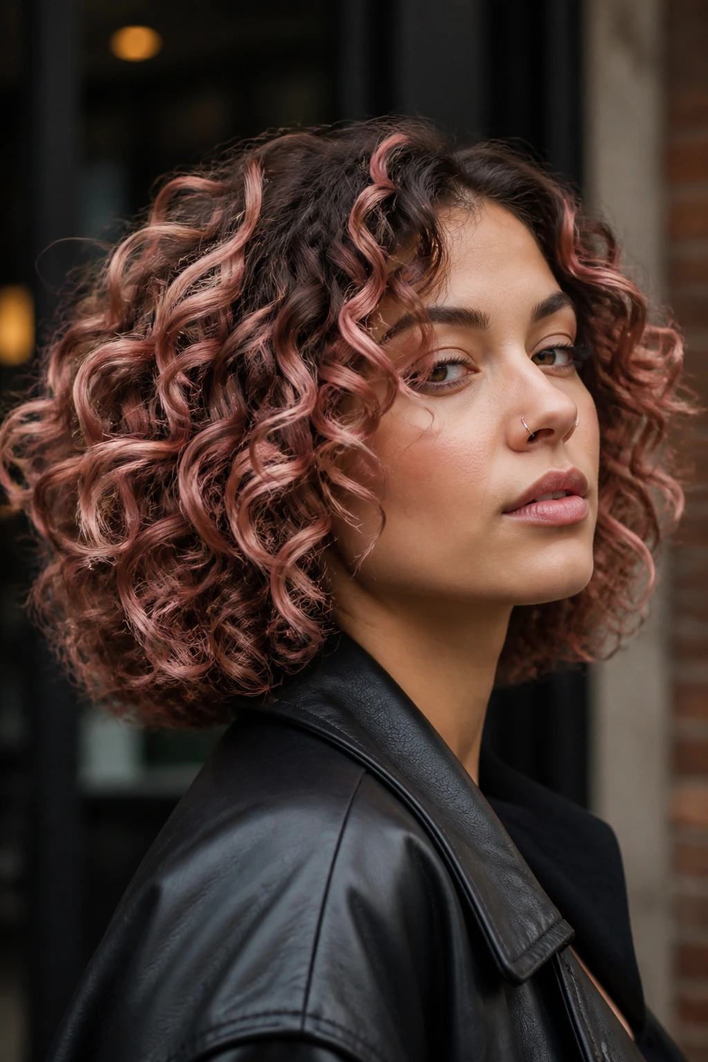 Medium close-up of a real woman with rose gold ribbon highlights in curly bob